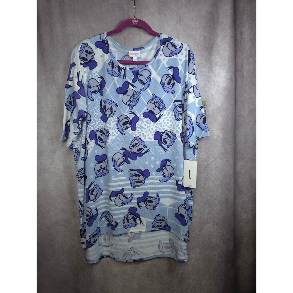 LuLaRoe Disney Donald Duck Blue Diamond Pattern Short Sleeve Tunic Top Size L